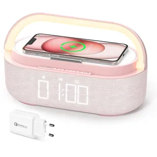 COLSUR Radiowecker Digital mit Wireless Charger und Bluetooth Lautsprecher | Smart Wecker Schlummerfunktion Induktive Ladestation, Nachtlampe, Dimmbares LED-Display und Batterie-Backup mit Ladegerät