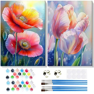 Lxmsja 2 Stück Blumen Malen Nach Zahlen Erwachsene mit Rahmen, Malen Nach Zahlen Tulpe, Diy Set Erwachsene mit Pinseln und Acrylfarben Handgemalt Ölgemälde Leinwand für Home Décor, 20x30 cm