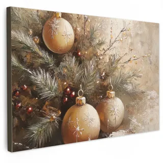 MuchoWow Leinwandbild Weihnachten - Kugeln - Beige - Gold Wanddeko 90x60 cm , Goldfarben , Textil , Kiefer , Rechteckig , 90x60 cm , FSC 100% , gerahmt , Bilder & Rahmen, Bilder, Leinwandbilder