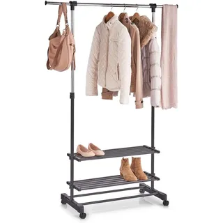 Avilia Kleiderständer für Schlafzimmer, verstellbar, mit Schuhablage und Kleiderständer, Metall grau und schwarz, mit Rollen, 80 – 120 x 42,5 x 101,5 – 166 cm