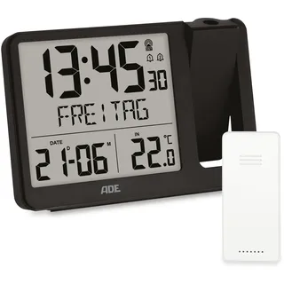 ADE Digitaler Funkwecker mit Projektion und Außensensor | Projektionswecker mit 2 Weckzeiten | Uhr mit Temperaturanzeige, Datum und Wochentag | inkl. Netzkabel | schwarz
