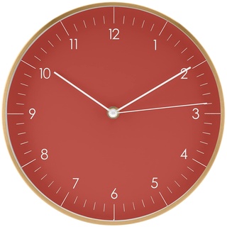 LUUK LIFESTYLE Minimalistische Wanduhr ohne Geräusche, skandinavische Deko für Wohnzimmer, Küche, Esszimmer, Eingangsbereich, 24 cm, in Rot und Gold