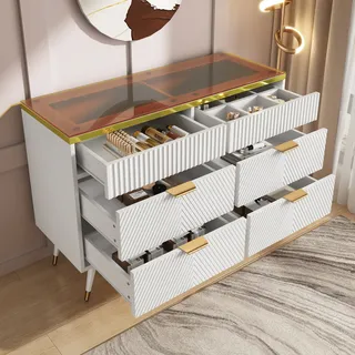 Abrihome Kommode Sideboard aus Bernstein Glas mit 6 Schubladen, Sideboard mit Metallgriffen, Kippsicher, 120 x 40 x 76 cm, Weiß - Weiß