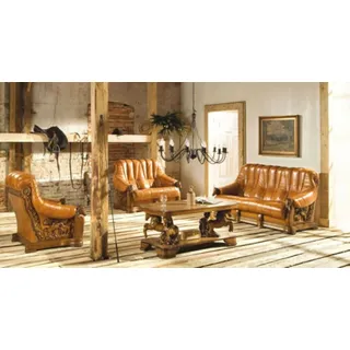 Wohnzimmer Sofagarnitur Couch Polster Sitz Sofa Leder Holz 3+2+1 Set Garnitur - Braun