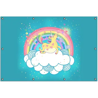 Wallario Outdoor-Poster für Garten oder Balkon, Motiv Lustiges Einhorn auf einer Wolke vor Regenbogen, in ca. 100 x 150 cm - Türkis