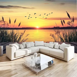 Gold Fototapete Vlies Sonnenuntergang Schilf Vögel 3D Wandbild, Uv-Beständig & Schadstofffrei, Modernes Wanddeko, Für Wohnzimmer, Schlafzimmer, Kinderzimmer - Leicht Zu Installieren B400 X H280 Cm