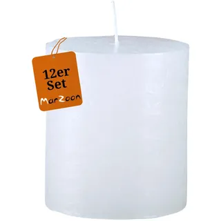 Marzoon Rustik Stumpenkerzen Weiß 12er Set Ø 4 x 4,5 cm - durchgefärbte mini Kerzen im Antik-Look - lange Brenndauer & rußarm - Alternative zu Teelichtern - Deko Kerzen aus Europa