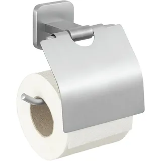 WENKO Turbo-Loc® Toilettenpapierhalter mit Deckel, ohne Bohren | Wandmontage mit Klebepad, optional zum Schrauben, für eine Rolle, mattierter Edelstahl, Mod. Porto Matt