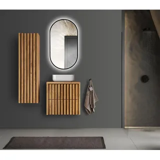 Badmöbel Set modern 3-teilig Eiche Desio-107 mit LED Spiegel, Aufsatzwaschbecken - Braun
