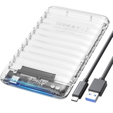 Festplattengehäuse 2 5 zoll USB C, ORICO 6Gbps Transparent Extern Gehäuse für 2.5 Zoll 7-9,5mm SATA I II III HDD/SSD, Unterstützt 6 TB, UASP, Werkzeugfreie, Tragbar SSD Gehäuse mit USB Kabe(2139C3)