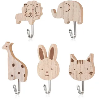 Alriedy 5 Stück Kleiderhaken Kinder Kindergarderobe Haken – Tier-Wandhaken Aus Holz, Selbstklebend Für Kinderzimmer, Schlafzimmer, Dekor (Tierformen)