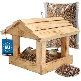 KOTARBAU® Vogelhaus zum Aufhängen - 28 x 24,5 x 22 cm - Vogelfutterhaus aus Holz - Natürlich - Vogelhäuschen + Vogelfutter 0,5 kg - Naturfarbe - Holzdeko für Garten