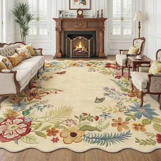 Beauoop Teppich Wohnzimmer 200x300 cm Beige Waschbar Blumen Wellenrand | Vintage Kurzflor Weich Rutschfest Groß Carpet Schlafzimmer Kinderzimmer Esszimmer Landhausstil Rug for Living Room Bedroom