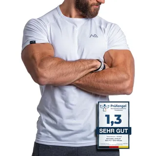 Herren Fitness T-Shirt modal - Männer Kurzarm Shirt für Gym & Training - Passform Slim-Fit, lang mit Rundhals, Weiß, L