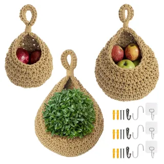 Coptiner 3Pcs Hängende Obstkörbe für die Küche, Hängender Korb Baumwolle Teardrop Hängende Körbe mit drei Arten von Haken, Platzsparende Aufbewahrungs für Gemüse, Zwiebeln, Kartoffeln und Obst (Khaki)