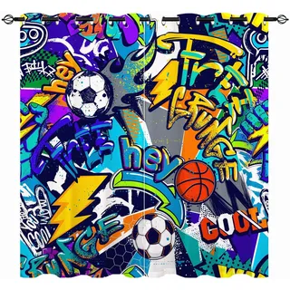 YUANZU Sport Vorhänge Kinder Jungen Neon Textur Fußball Ösen Gardinen mit Blickdichte Vorhang Kälteschutz Blackout Curtain Kinderzimmer Schlafzimmer Verdunkelung Fenster, 2 Stück, H 245 x B 140 cm
