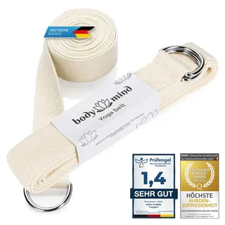 Body & Mind® Yogagurt aus 100% Natur Baumwolle - 250 cm lang; Yoga-Band Yoga-Gürtel mit D-Ring-für Anfänger & Fortgeschrittene; Pilates & Fitness Übungen (Beige)