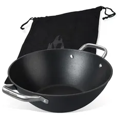 FMprofessional Force Wok aus Gusseisen 32 cm – Wokpfanne mit hochwertiger Antihaftbeschichtung – Geeignet für alle Herdarten (auch Induktion) – ca. 33 x 42,8 x 12 cm