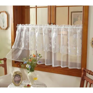 Vordesack Stickerei Scheibengardine mit Rosen-Blumenmuster Kaffee Gardine Transparente Fenster Gardine Landhausstil Doppelschicht Kurzgardine für Küche Esszimmer 1 Stück Weiß HxB 45x200cm