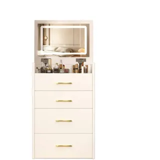 Modfu Schminktisch aus MDF 60x40x118 cm Weiß mit klappbarem Spiegel, Glasplatte und Hocker mit Stauraum , Holzwerkstoff , 60x118x40 cm , Schlafzimmer, Schminktische