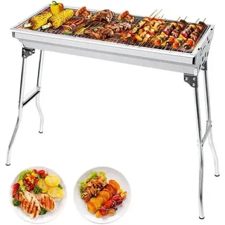 Unyqoos® Faltbarer Holzkohlegrill aus Edelstahl – Grillfläche 73×33 cm, klappbar 71×33×16 cm, inkl. 2 Grillroste, 2 Kohlennetze & Zange - Silber