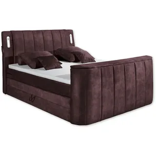 DALLAS 6 Boxspringbett 180x200 mit Bettkasten, Aubergine - Bequemes Doppelbett mit motorisierter TV-Halterung & LED-Beleuchtung - 186 x 126 x 244 cm (B/H/T)