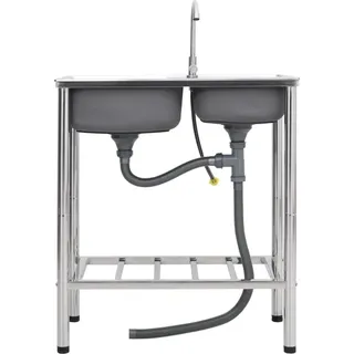 vidaXL Camping-Spüle mit Doppelbecken und Wasserhahn Edelstahl - Silber