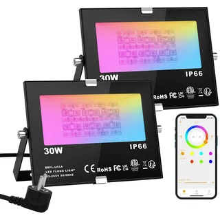 2er Pack RGB 15W LED Strahler Fluter Außen Bluetooth APP-Steuerung 16 million Farben und 20 Modi Smart LED Flutlichtstrahler, IP66 Außenstrahler Wasserdicht LED Flutlicht, Garten Stimmungslichter