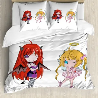 ABAKUHAUS Anime Bettbezug, Japanische Märchen-Kunst, Milbensicher Allergiker geeignet mit Kissenbezügen, 155 cm x 220 cm - 80 x 80 cm, Weiß - Weiß