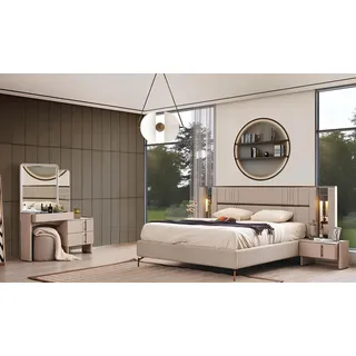 Moderne Schlafzimmer Möbel Beiges Doppelbett 2x Nachttische Schminktisch