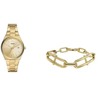 Fossil Damenuhr Scarlette und Kettenarmband Heritage D-Link - DREI-Zeiger-Datum, goldfarbener Edelstahl