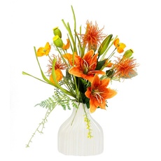 Bild Kunstblume »Blumenarrangement aus Lilien und Mohnblumen in Vase aus Keramik«, Dekoblumen Blumenstrauß Seidenblumen Tischdeko Hochzeitsdeko, orange