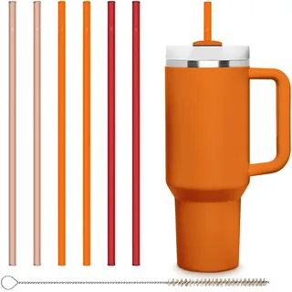 HALM Rote Orangene Glasstrohhalme 6x 30 cm lang für Stanley Cup Quencher Tumbler & Flaschen bis 1,2 Liter + Reinigungsbürste Spülmaschinenfest - Wiederverwendbare Ersatz Strohhalme