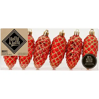 Holly & Jolly - Weihnachtsbaumschmuck Tannenzapfen Festive Red, 6 Stück | Christbaumschmuck aus Kunststoff, ca. 9 cm, Zapfen in Rot, beglittert, Weihnachtsdeko für Innen