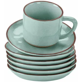 LOBERON Tasse mit Untertasse 6er Set Biarré, türkis | Reizvoll uneben designt, Ursprünglicher, natürlicher Charakter, Glasiertes Steinzeug mit dekorativem Rand