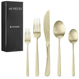 Navaris Edelstahl Besteck Set 8 Personen - 40-teiliges Besteckset in Satin Gold Finish - Besteck Edelstahl 18/0 - Löffel Messer und Gabel Set - Cutlery Set - Matt