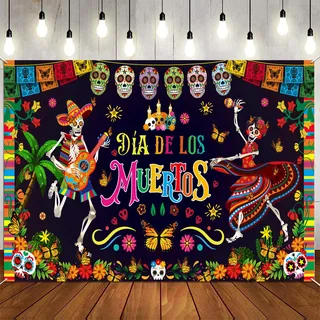 DPKOW Tag der Toten Banner Dia De Los Muertos Deko, Großes Stoff Mexikanisches Fiesta Hintergrundbanner Halloween Totenkopf Fotohintergrund für Mexikanische Partydekorationen Cinco de Mayo, 185*110cm