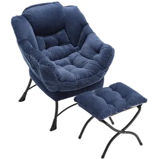 Redom Loungesessel mit Hocker, Seitentasche Stahlrahmen 69,9/64/95 cm Dunkelblau , Textil , 69.9x95x64 cm , Wohnzimmer, Sessel