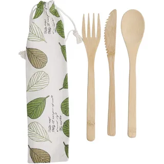 KitchenCraft Natural Elements Travel Cutlery Set, Reusable and Biodegradable Bamboo Knife, Fork and Spoon in Fabric Pouch