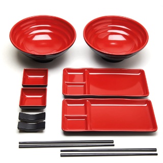 Goliber Japanisches Melamine Set (10pcs) - Enthält 2 Schwarzes Geschirr, 2 asiatische Schalen, 2 Soßenschälchen, 2 Essstäbchen und 2 Essstäbchen Ablage - Asiatisches Geschirr Set (Rot)