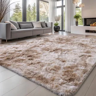 smiry Hochflor Teppich Wohnzimmer, Waschbar Anti-Rutsch Moderner Flauschiger Kuscheliger Teppich für Wohnzimmer Deko, Schlafzimmer, Kinderzimmer, 160 x 220 cm, Beige