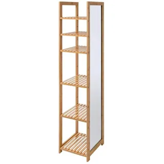 Avilia Standregal mit Spiegel für Badezimmer, Regal mit 5 Ablagen und Spiegel, aus Bambus, 35 x 35 x 168 cm, Beige