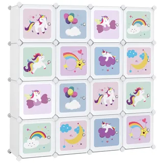 Songmics Kinderkleiderschrank mit 16 Würfeln 123 x 31 x 123 cm Kunststoff weiß