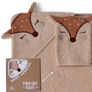 MIRARI Kids Babyhandtuch mit Kapuze und Waschlappen 100x100 cm – Handtuch Rentier aus 100% Baumwolle - REH Badetuch mit Kapuze - Geschenk Geburt - Baby Erstausstattung Neugeborenen Set