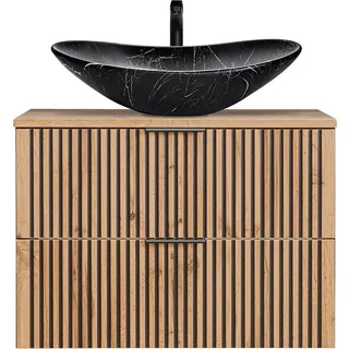 Waschtisch schwarz gerillt 80 cm Waschbeckenunterschrank mit Keramik Waschbecken XANTEN-56 in anthrazit mit Eiche Nb., B/H/T: ca. 80,6/73,7/46,5 cm - Braun