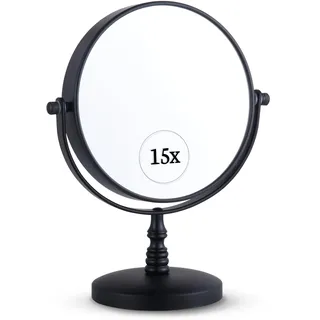 15X Vergrößerung Kosmetikspiegel mit Ständer - Doppelseitiger Schminkspiegel, 15fach und 1fach Vergrößerungsspiegel fürs Bad, Magnifying Makeup Mirror - 23cm x 15cm (Schwarz)