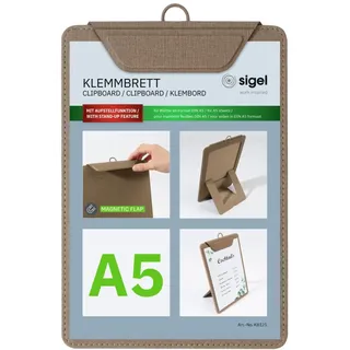 Sigel KB121 Klemmbrett A5, beige, mit Aufstellfunktion, stabiles, stylisches Clipboard mit edler Leinenstruktur, strapazierfähig und leicht abwischbar, für Speisekarten