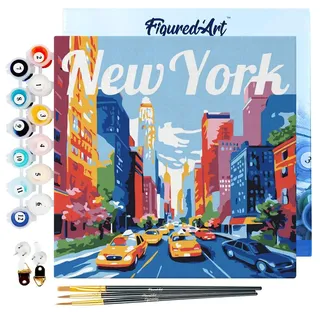 Figured'Art Mini Malen Nach Zahlen Erwachsene Mit Rahmen 20x20cm Kleines Format - Reiseplakat New York City - Paint by Numbers Basteln DIY Bastelset Leinwand gespannt auf Holzrahmen