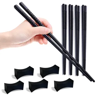 5 Paar Glasfaser-Essstäbchen + 5 Essstäbchenbblagen, Premium Sushi Stäbchen | Japanische Chopsticks Chinesische Stäbchen, essstäbchen spülmaschinenfest Hitzebeständig Wiederverwendbare Schwarz