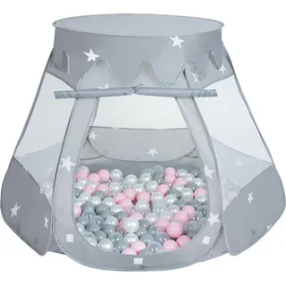 Selonis baby spielzelt mit plastikbällen zelt 105x90cm/300 bälle plastikkugel kinder, grau:perle-grau-transparent-puderrosa